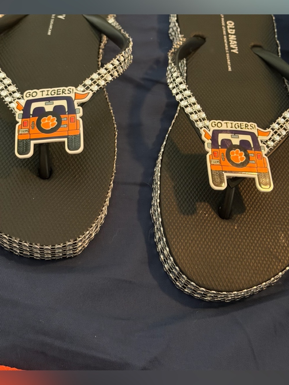 Black Flip Flops with Orange 'Go Tigers' Truck Charm